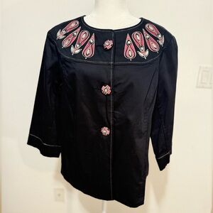 Bob Mackie Black Jacket with Pink and White Embroidery clear rhinestones.